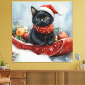 Zwarte kat in slee laat het sneeuwen Kerstmis Canvas Afdruk (Insitu (Woonkamer))