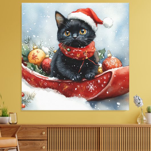 Zwarte kat in slee laat het sneeuwen Kerstmis Canvas Afdruk (Insitu (Woonkamer))