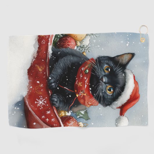 Zwarte kat in slee laat het sneeuwen Kerstmis Golfhanddoek (Horizontaal)