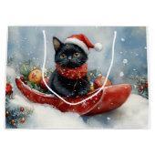 Zwarte kat in slee laat het sneeuwen Kerstmis Groot Cadeauzakje (Voorkant)