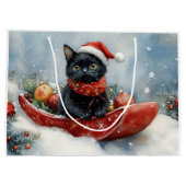 Zwarte kat in slee laat het sneeuwen Kerstmis Groot Cadeauzakje (Achterkant)