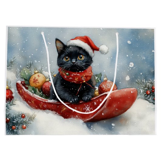 Zwarte kat in slee laat het sneeuwen Kerstmis Groot Cadeauzakje (Achterkant)