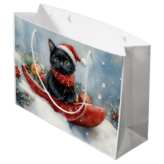 Zwarte kat in slee laat het sneeuwen Kerstmis Groot Cadeauzakje (Achterkant Gekanteld)