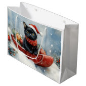 Zwarte kat in slee laat het sneeuwen Kerstmis Groot Cadeauzakje (Voorkant Gekanteld)