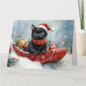 Zwarte kat in slee laat het sneeuwen Kerstmis Kaart (Voorkant)