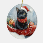 Zwarte kat in slee laat het sneeuwen Kerstmis Keramisch Ornament (Links)