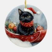 Zwarte kat in slee laat het sneeuwen Kerstmis Keramisch Ornament (Achterkant)