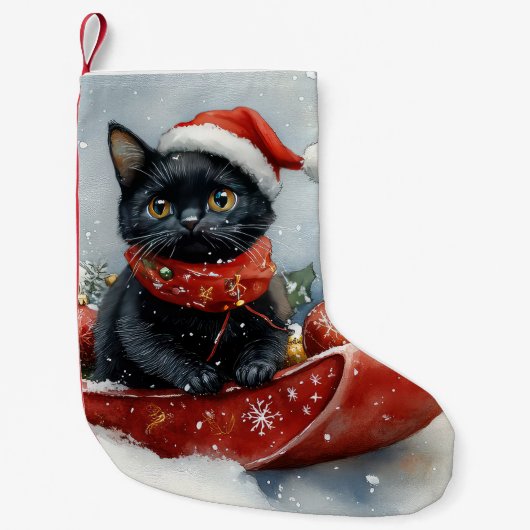 Zwarte kat in slee laat het sneeuwen Kerstmis Kleine Kerstsok (Voorkant)
