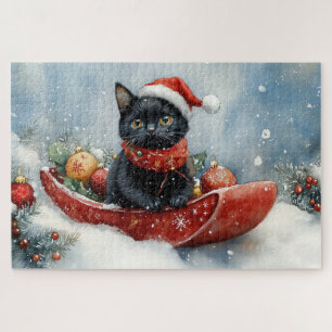 Zwarte Kat in slee Laat het sneeuwen Kerstmis Legpuzzel