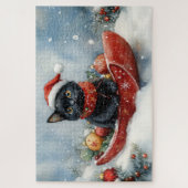 Zwarte kat in slee laat het sneeuwen Kerstmis Legpuzzel (Verticaal)