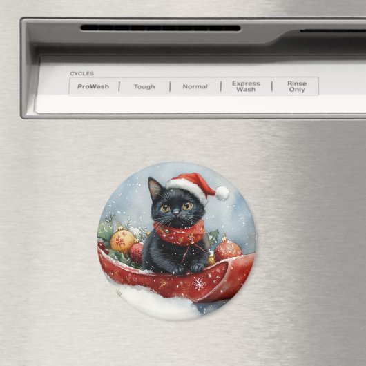 Zwarte kat in slee laat het sneeuwen Kerstmis Magneet (Insitu (Vaatwasser))