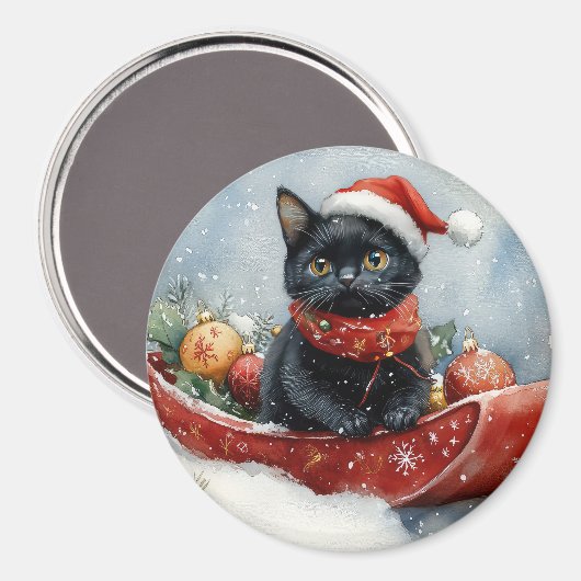 Zwarte kat in slee laat het sneeuwen Kerstmis Magneet (Voorkant / Achterkant)