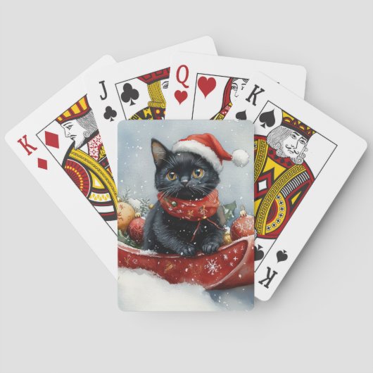 Zwarte kat in slee laat het sneeuwen Kerstmis Pokerkaarten (Achterkant)