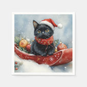 Zwarte kat in slee laat het sneeuwen Kerstmis Servet (Voorkant)