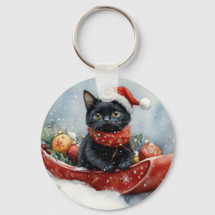 Zwarte Kat in slee Laat het sneeuwen Kerstmis Sleutelhanger
