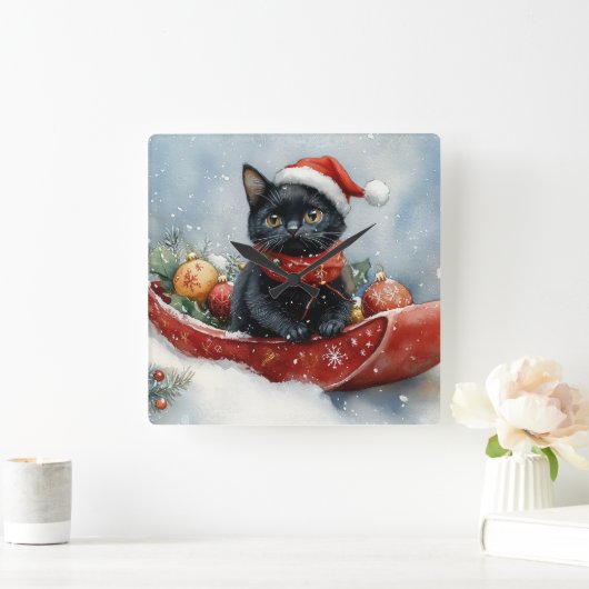 Zwarte kat in slee laat het sneeuwen Kerstmis Vierkante Klok (Huis)