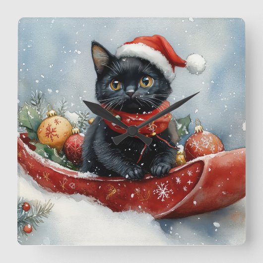 Zwarte kat in slee laat het sneeuwen Kerstmis Vierkante Klok (Voorkant)