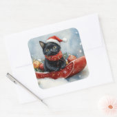 Zwarte kat in slee laat het sneeuwen Kerstmis Vierkante Sticker (Envelop)