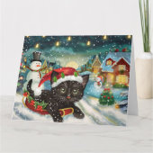 Zwarte kat in Sleigh Sneeuw Kerstmis Kaart (Voorkant)