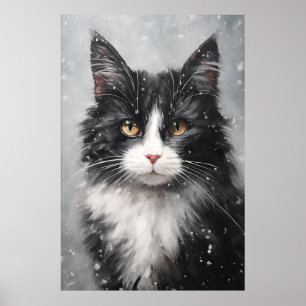 Zwarte kat in sneeuw poster