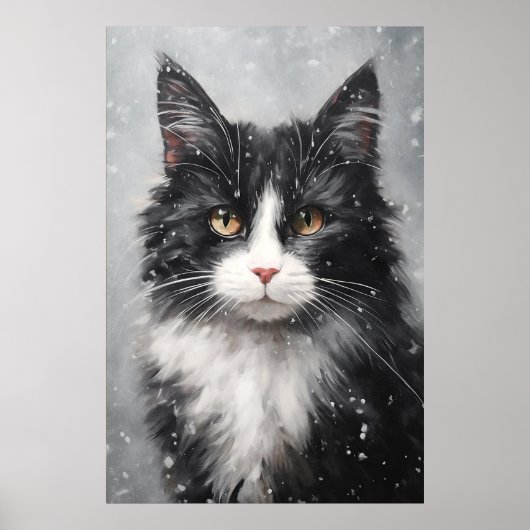 Zwarte kat in sneeuw poster (Voorkant)