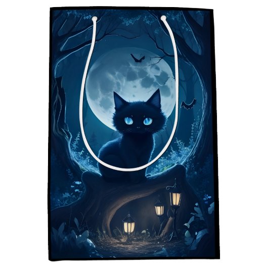 Zwarte Kat in Spooky Forest Medium Cadeauzakje (Voorkant)
