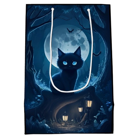 Zwarte Kat in Spooky Forest Medium Cadeauzakje (Achterkant)