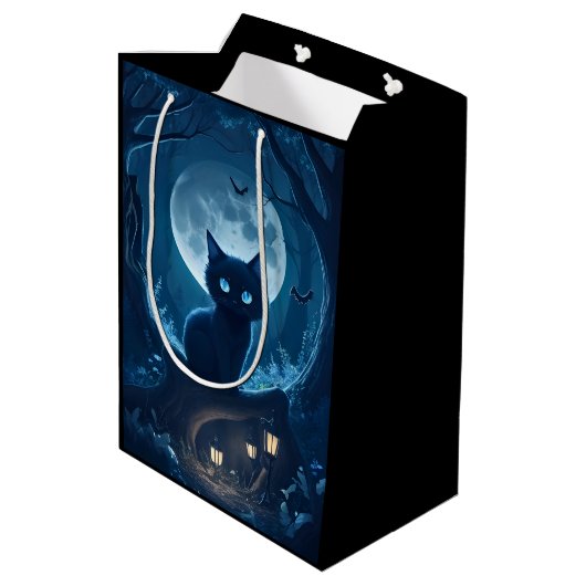 Zwarte Kat in Spooky Forest Medium Cadeauzakje (Achterkant Gekanteld)