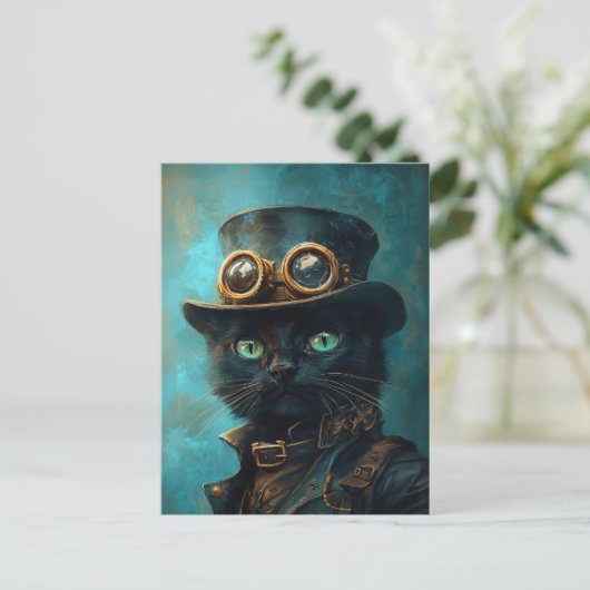 Zwarte kat in Steampunk kostuum Briefkaart (Staand voorkant)