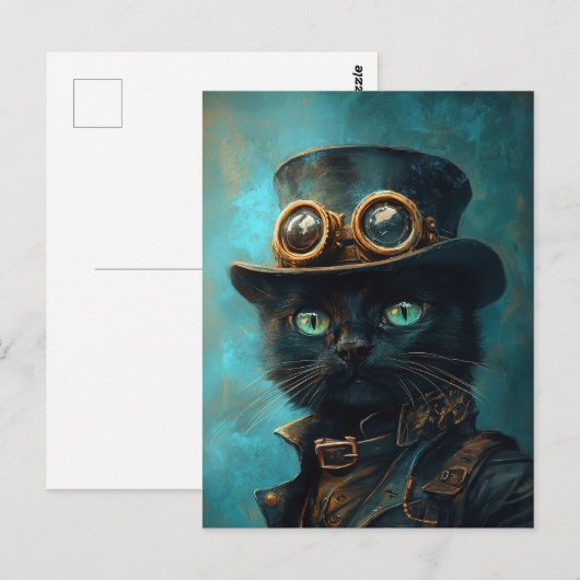 Zwarte kat in Steampunk kostuum Briefkaart (Voorkant / Achterkant)