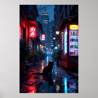 Zwarte kat in stedelijke steeg bij nacht met leven poster