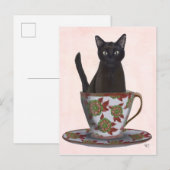 Zwarte kat in Teacup Briefkaart (Voorkant / Achterkant)