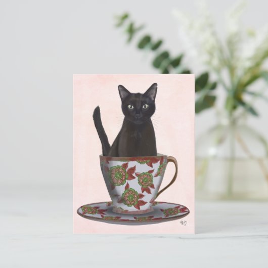 Zwarte kat in Teacup Briefkaart (Staand voorkant)