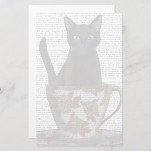 Zwarte kat in Teacup Briefpapier (Voorkant / Achterkant)