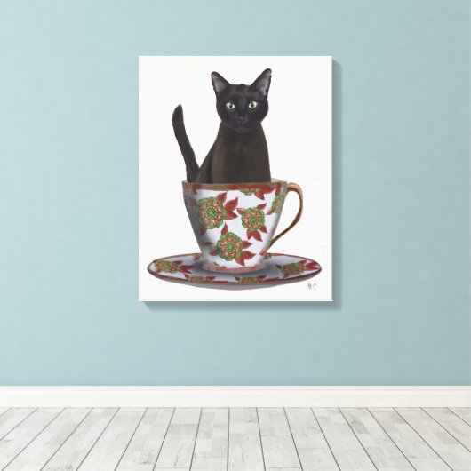 Zwarte kat in Teacup Canvas Afdruk (Insitu (Houten vloer))