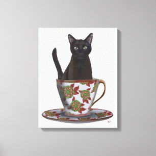 Zwarte kat in Teacup Canvas Afdruk