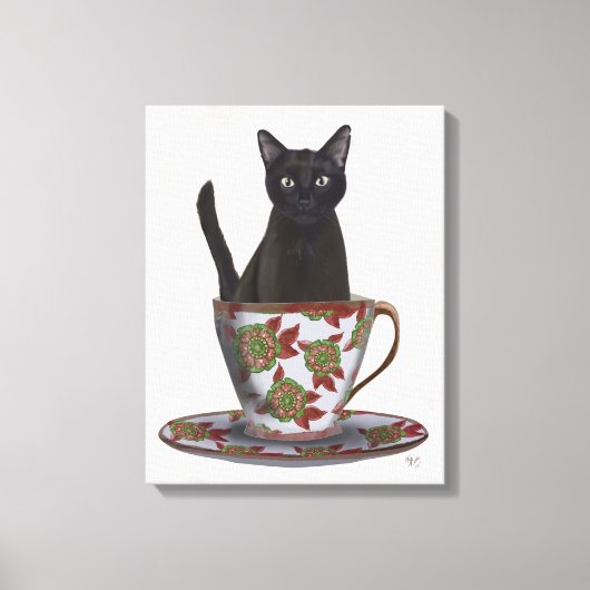 Zwarte kat in Teacup Canvas Afdruk (Voorkant)