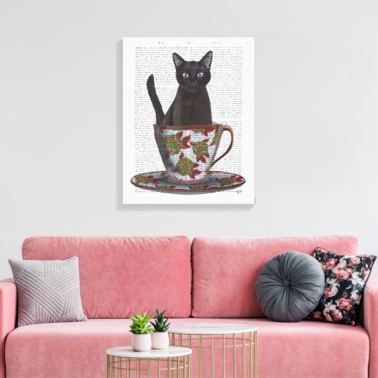 Zwarte kat in Teacup Canvas Afdruk (Insitu (Woonkamer))