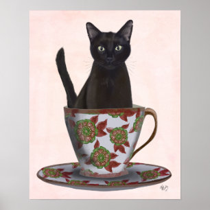 Zwarte kat in Teacup Poster
