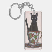 Zwarte kat in Teacup Sleutelhanger (Voorkant Links)