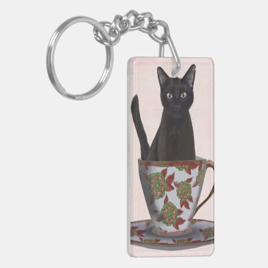 Zwarte kat in Teacup Sleutelhanger (Voorkant Links)