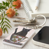 Zwarte kat in Teacup Sleutelhanger (Voorkant Rechts)