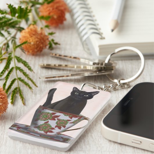 Zwarte kat in Teacup Sleutelhanger (Voorkant Rechts)