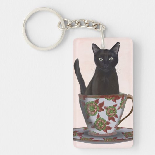 Zwarte kat in Teacup Sleutelhanger (Voorkant)