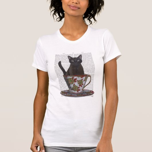 Zwarte kat in Teacup T-shirt (Voorkant)