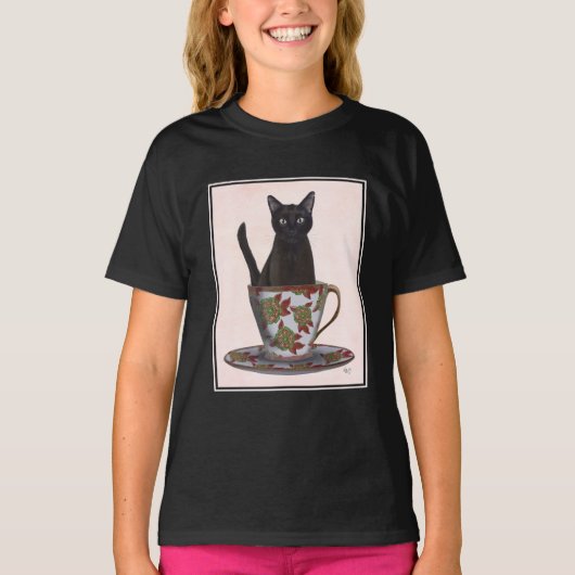 Zwarte kat in Teacup T-shirt (Voorkant)