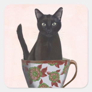 Zwarte kat in Teacup Vierkante Sticker