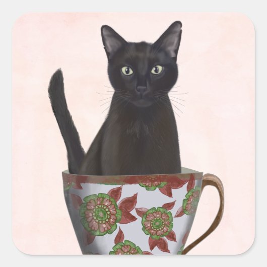 Zwarte kat in Teacup Vierkante Sticker (Voorkant)