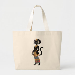 Zwarte kat in traditionele Batik Kebaya-kunst Grote Tote Bag