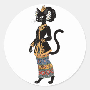 Zwarte kat in traditionele Batik Kebaya-kunst Ronde Sticker